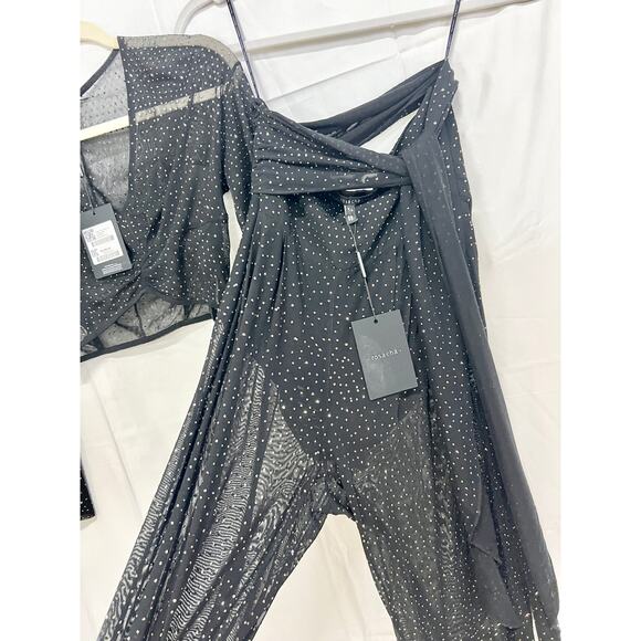 NWT Rosacha Polka Dot Sheer Crop Blouse Top & Tie Waist Flare Pants Set Black S - Picture 8 of 12